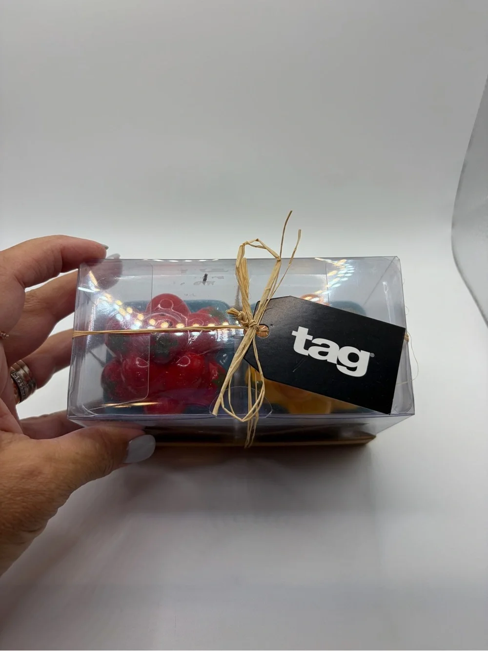 Tag Ceramic Fruit Salt & Pepper Shakers - Red & Yellow with Blue Bases